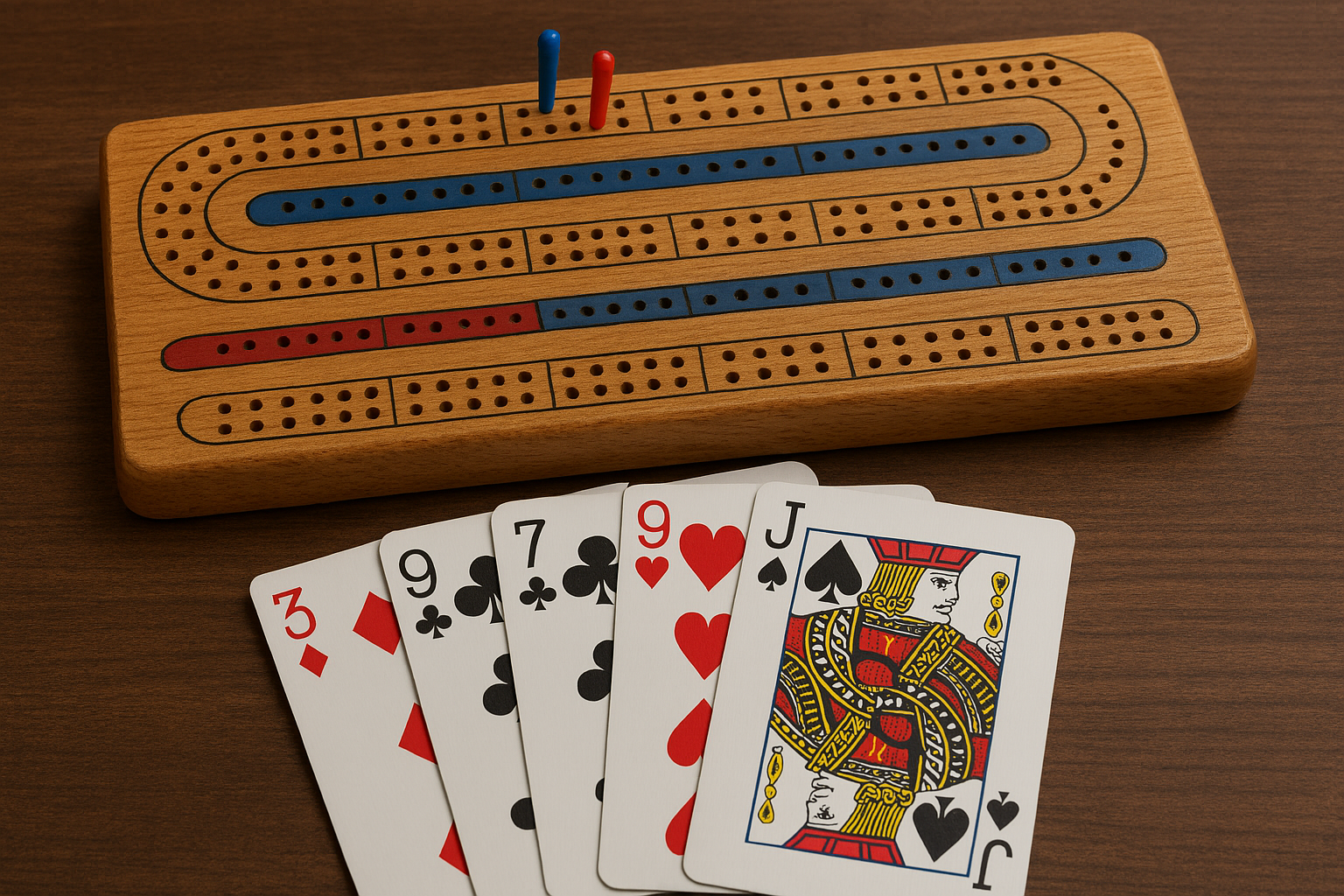 cribbage board and playing cards