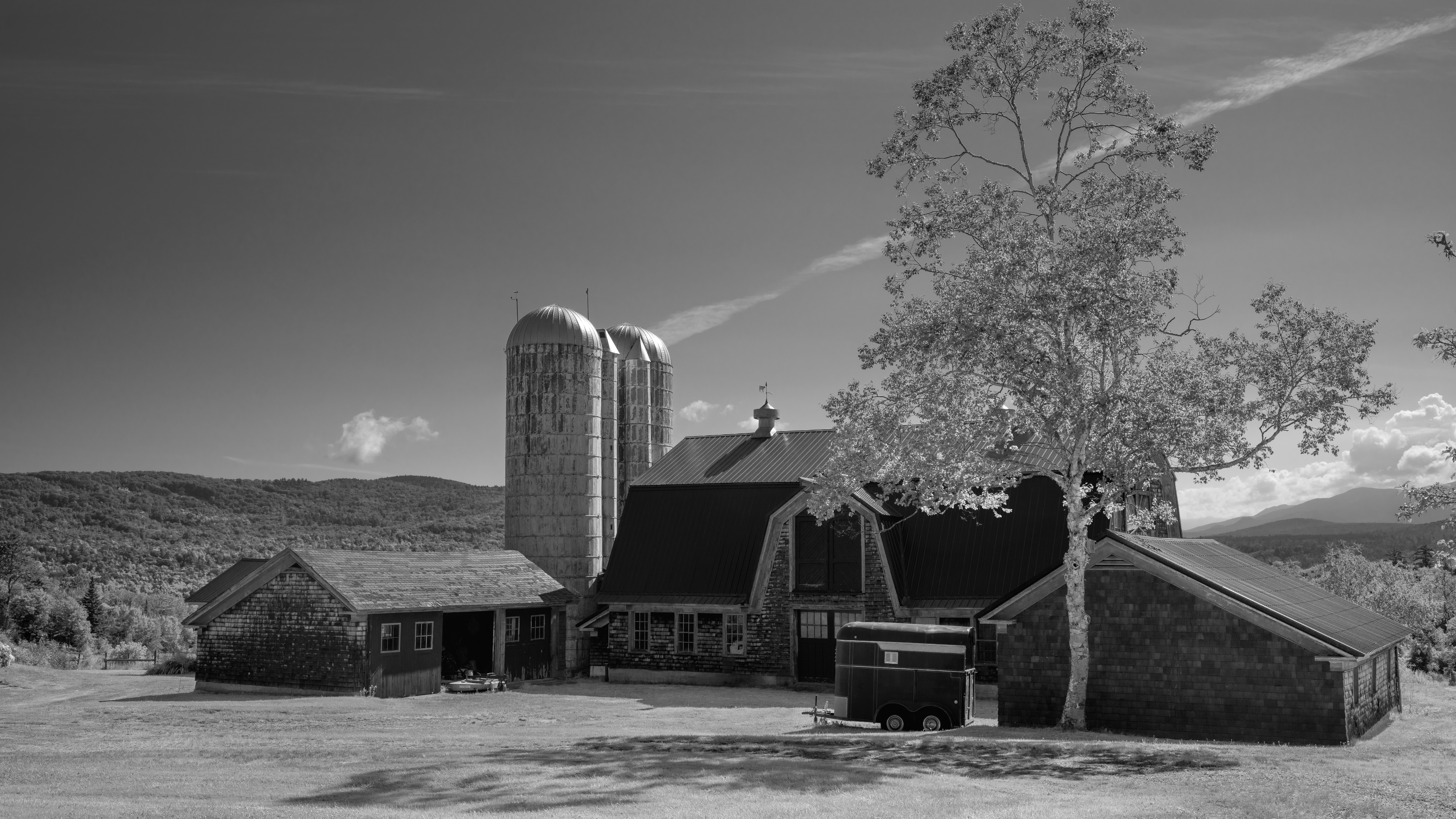 black and white photo of old attached barn buildings
