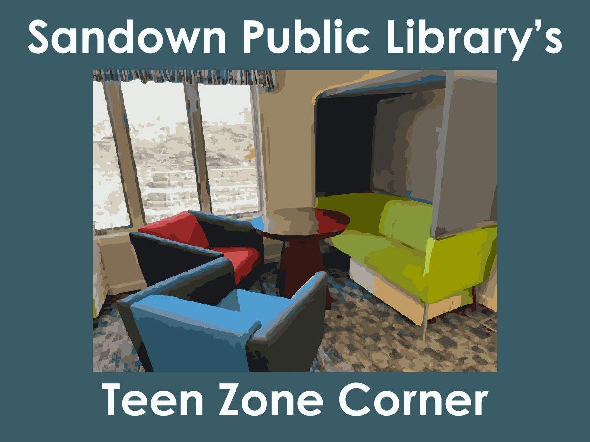 Picture of a covered couch and two armchairs around a small round table with the words "Sandown Public Library's Teen Zone Corner"