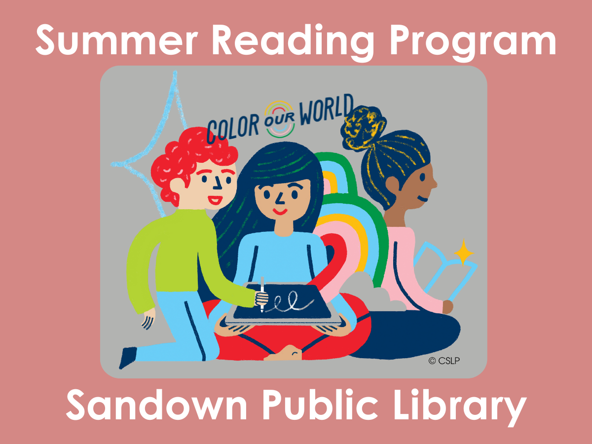 Colorful graphic of three kids, two are using a tablet together and one reading.