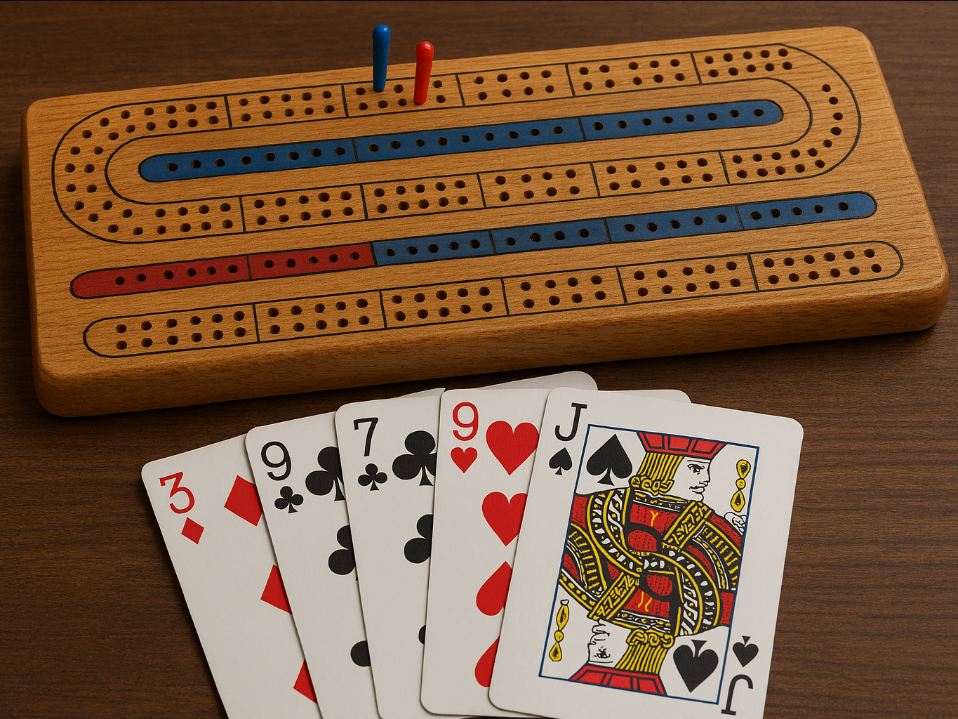cribbage board and playing cards